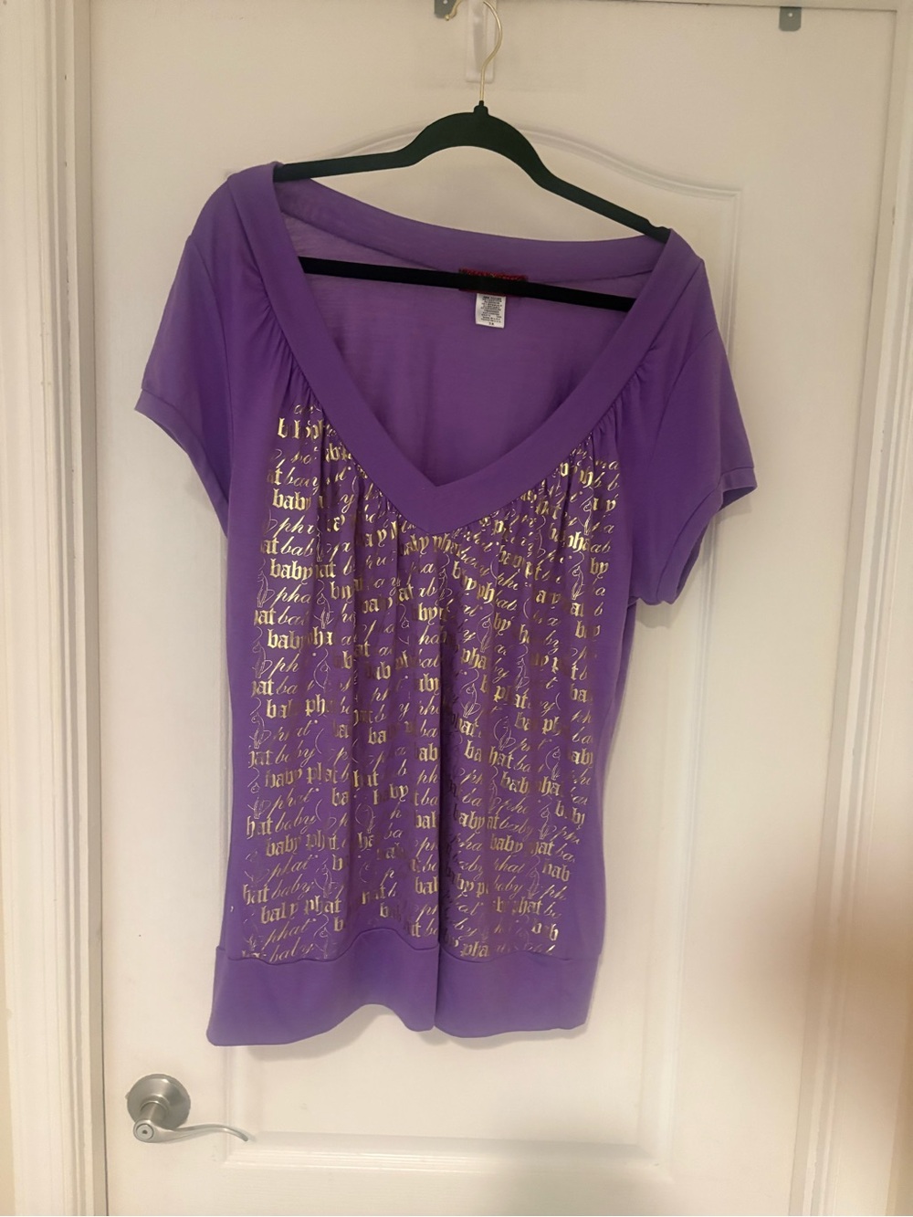 Baby Phat 3X Purple V-Neck Short Sleeve Top with Gold Script